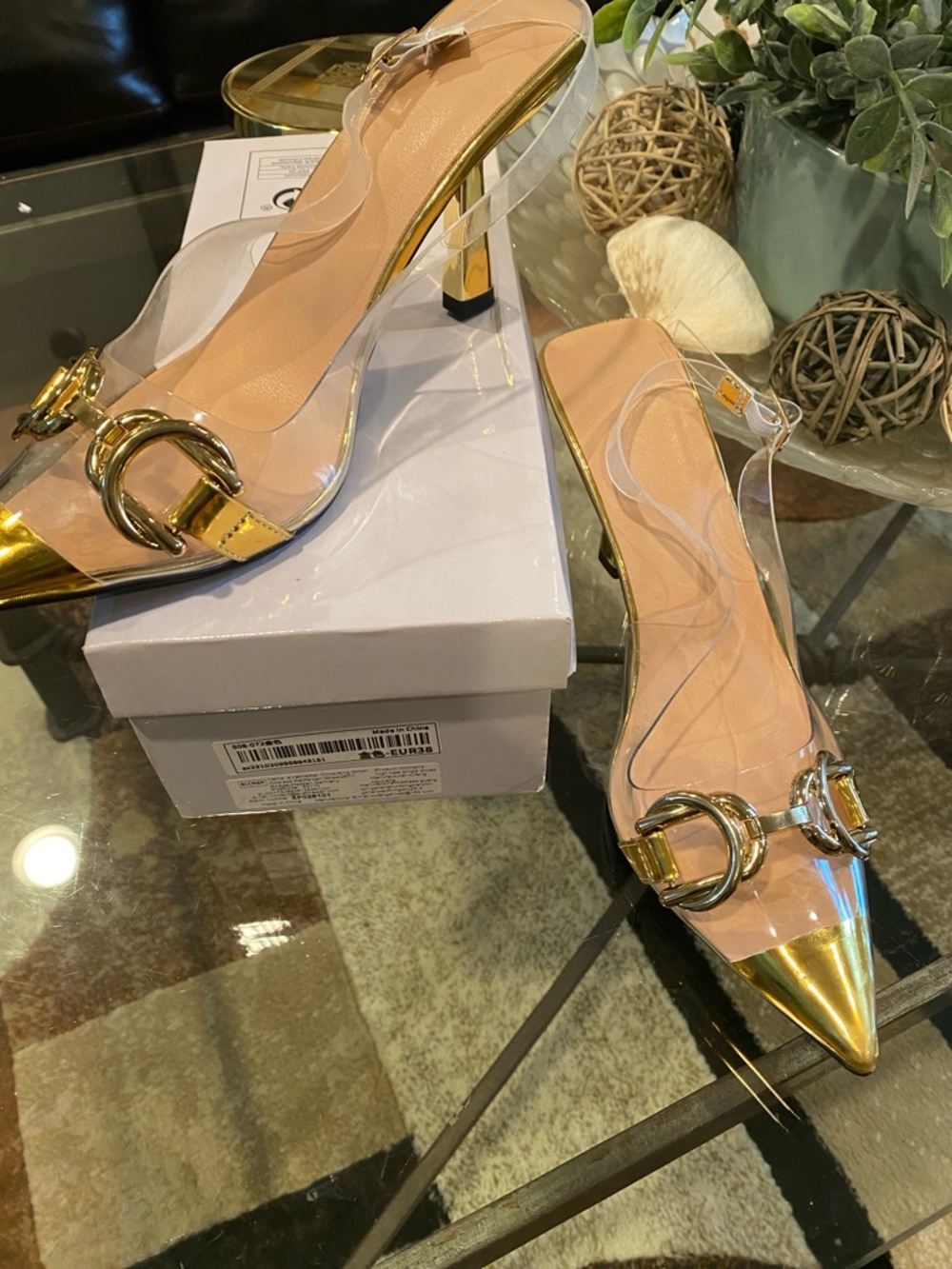 Clear Gold Pointed Toe Slingback Heels EUR38